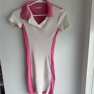 Zara Pink and White Ribbed Polo Dress